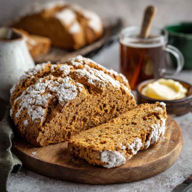 A rustic loaf of brown soda bread sliced on a wooden board, showing its hearty texture and golden crust.