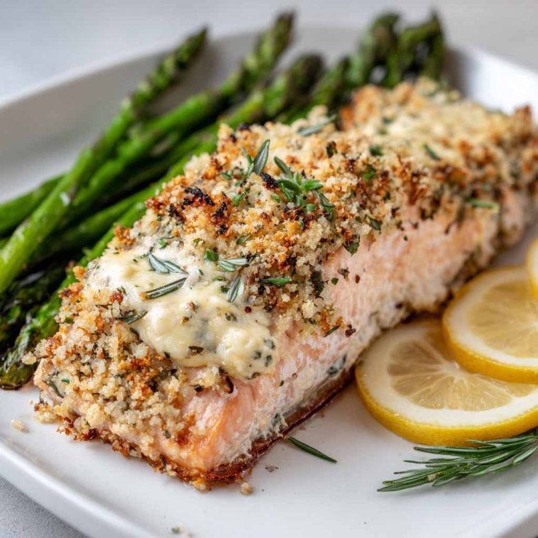 A golden-baked salmon fillet topped with creamy Boursin cheese and fresh herbs, served with roasted vegetables.