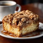 Moist crumb coffee cake topped with buttery cinnamon streusel and served with a cup of hot coffee.