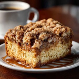 Moist crumb coffee cake topped with buttery cinnamon streusel and served with a cup of hot coffee.