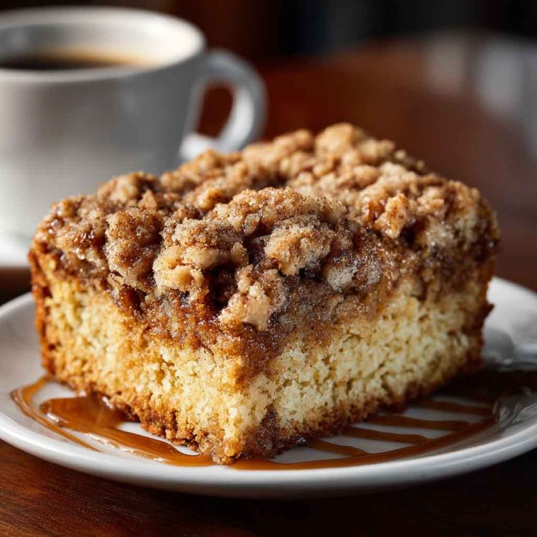 Moist crumb coffee cake topped with buttery cinnamon streusel and served with a cup of hot coffee.