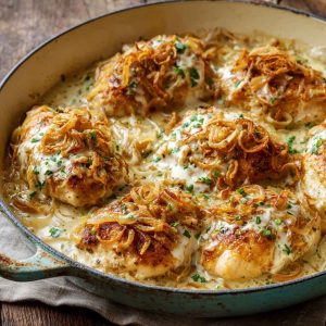 Golden baked sour cream and onion chicken topped with crispy seasoning and fresh herbs, served with a creamy, savory sauce.