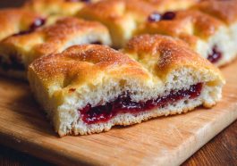 Soft focaccia-style donut topped with sugar and filled with sweet homemade jam, baked until golden and fluffy.