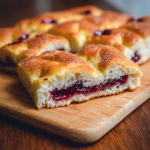 Soft focaccia-style donut topped with sugar and filled with sweet homemade jam, baked until golden and fluffy.