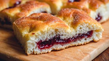 Soft focaccia-style donut topped with sugar and filled with sweet homemade jam, baked until golden and fluffy.