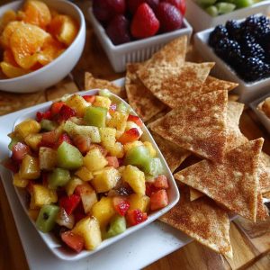 Fresh fruit salsa with strawberries, kiwi, and pineapple served with crispy cinnamon sugar tortilla chips on the side.