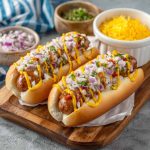 Juicy grilled hot dogs topped with spicy firecracker sauce, garnished with fresh herbs, served on a toasted bun.
