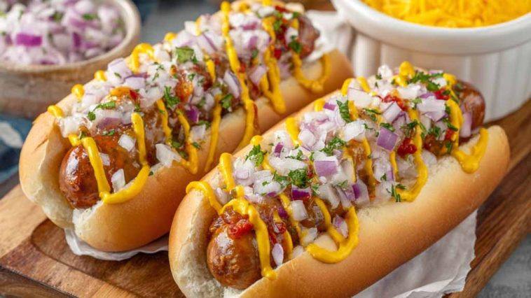Juicy grilled hot dogs topped with spicy firecracker sauce, garnished with fresh herbs, served on a toasted bun.
