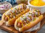 Juicy grilled hot dogs topped with spicy firecracker sauce, garnished with fresh herbs, served on a toasted bun.