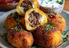 Spicy Garlic Beef Croquettes golden and crispy on the outside, served with a creamy dipping sauce and fresh herbs.