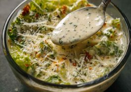 Creamy Italian salad dressing made with herbs, garlic, parmesan, and mayonnaise being drizzled over a fresh garden salad.