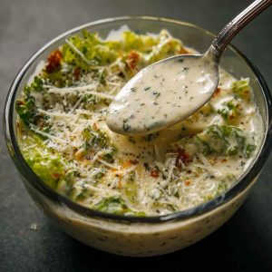 Creamy Italian salad dressing made with herbs, garlic, parmesan, and mayonnaise being drizzled over a fresh garden salad.