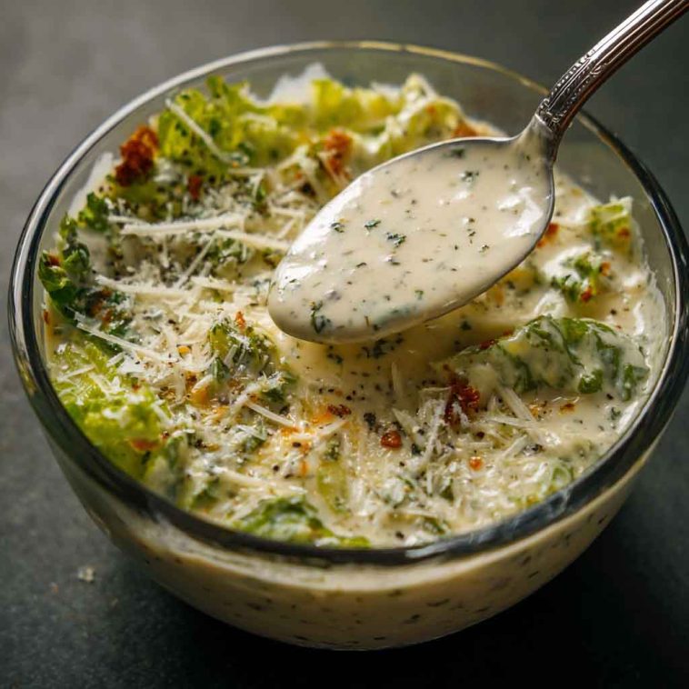 Creamy Italian salad dressing made with herbs, garlic, parmesan, and mayonnaise being drizzled over a fresh garden salad.