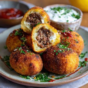 Spicy Garlic Beef Croquettes golden and crispy on the outside, served with a creamy dipping sauce and fresh herbs.