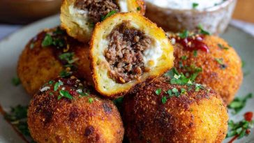 Spicy Garlic Beef Croquettes golden and crispy on the outside, served with a creamy dipping sauce and fresh herbs.