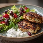 Juicy Mediterranean chicken patties with herbs, garlic, and lemon served with yogurt sauce.