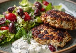 Juicy Mediterranean chicken patties with herbs, garlic, and lemon served with yogurt sauce.