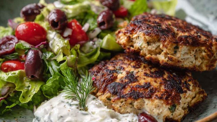 Juicy Mediterranean chicken patties with herbs, garlic, and lemon served with yogurt sauce.