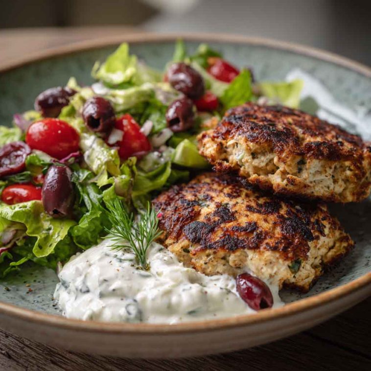 Juicy Mediterranean chicken patties with herbs, garlic, and lemon served with yogurt sauce.