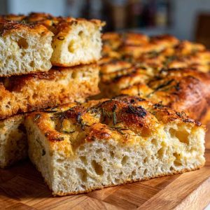 Golden sourdough focaccia bread topped with rosemary, olive oil, and sea salt on a wooden board