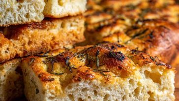 Golden sourdough focaccia bread topped with rosemary, olive oil, and sea salt on a wooden board