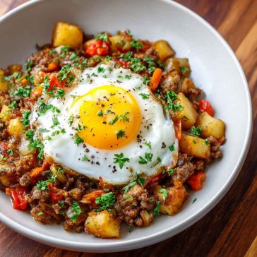 Slow cooker hamburger hash with ground beef, potatoes, and vegetables served in a rustic bowl