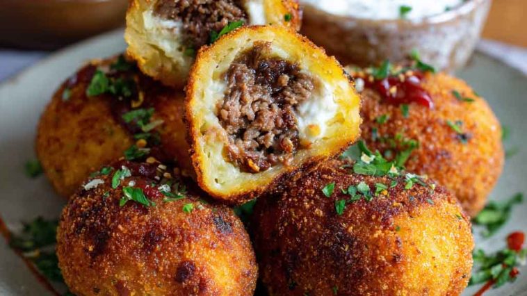 Spicy Garlic Beef Croquettes golden and crispy on the outside, served with a creamy dipping sauce and fresh herbs.