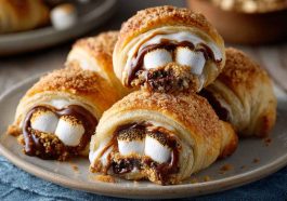 Golden crescent rolls filled with melted chocolate, gooey marshmallows, and graham cracker crumbs, served warm on a plate.