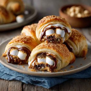 Golden crescent rolls filled with melted chocolate, gooey marshmallows, and graham cracker crumbs, served warm on a plate.
