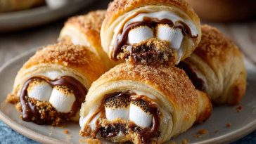 Golden crescent rolls filled with melted chocolate, gooey marshmallows, and graham cracker crumbs, served warm on a plate.