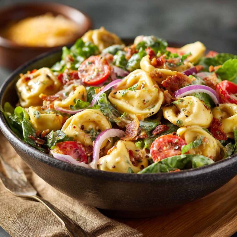 Colorful tortellini salad with cherry tomatoes, olives, fresh herbs, and shredded cheese, served in a large salad bowl.