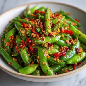 Crisp snap peas tossed in spicy chili crisp sauce with sesame seeds and fresh herbs, served in a white salad bowl.