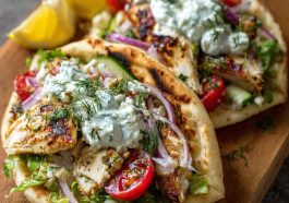 Greek Chicken Gyros with Lemon-Herb Marinade and Tzatziki wrapped in warm pita bread with fresh tomatoes, cucumber, red onion, and creamy tzatziki sauce.
