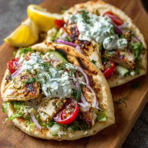 Greek Chicken Gyros with Lemon-Herb Marinade and Tzatziki wrapped in warm pita bread with fresh tomatoes, cucumber, red onion, and creamy tzatziki sauce.