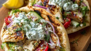 Greek Chicken Gyros with Lemon-Herb Marinade and Tzatziki wrapped in warm pita bread with fresh tomatoes, cucumber, red onion, and creamy tzatziki sauce.