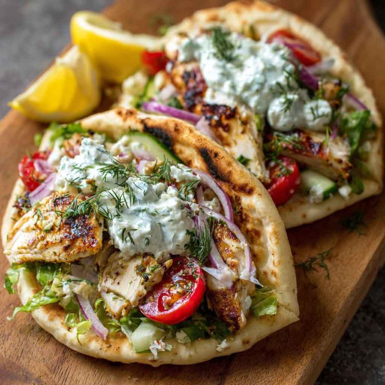 Greek Chicken Gyros with Lemon-Herb Marinade and Tzatziki wrapped in warm pita bread with fresh tomatoes, cucumber, red onion, and creamy tzatziki sauce.