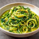 Creamy zucchini sauce made with fresh zucchini, garlic, olive oil, and herbs, served over pasta in a white bowl.