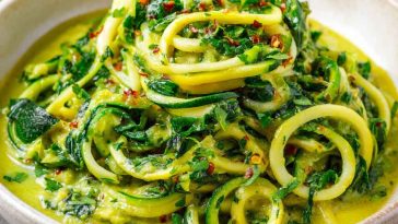 Creamy zucchini sauce made with fresh zucchini, garlic, olive oil, and herbs, served over pasta in a white bowl.