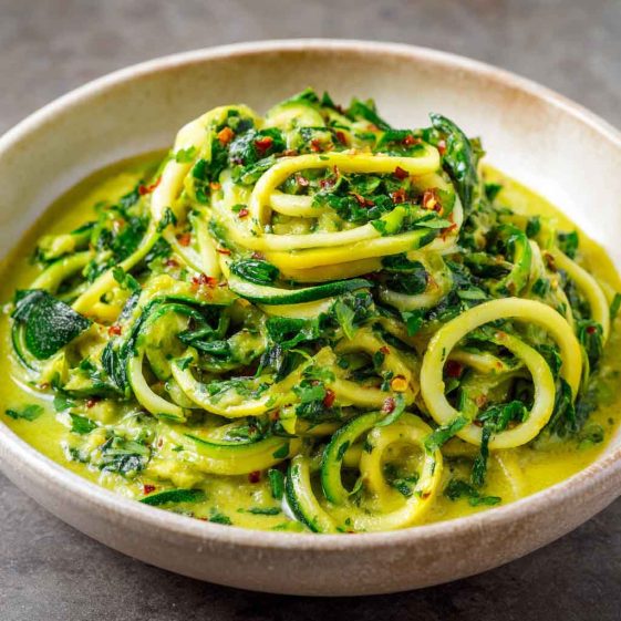 Creamy zucchini sauce made with fresh zucchini, garlic, olive oil, and herbs, served over pasta in a white bowl.