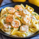 Creamy shrimp tortellini pasta tossed in a lemon garlic cream sauce, garnished with fresh parsley and served in a white bowl.