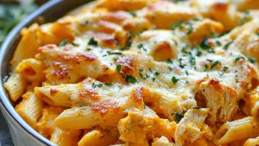 Pumpkin and chicken pasta bake topped with melted cheese in a casserole dish