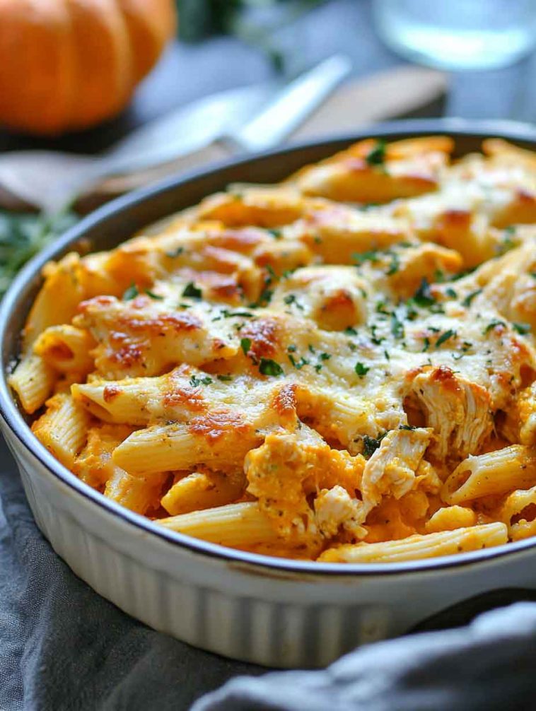 Pumpkin and chicken pasta bake topped with melted cheese in a casserole dish