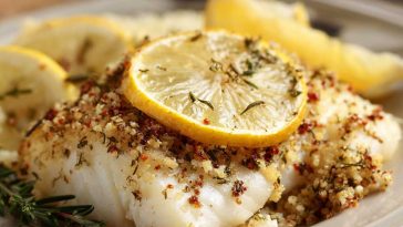Gluten‑free Mediterranean baked cod fillets topped with lemon slices, garlic, and fresh herbs served in a baking dish.