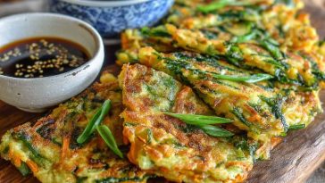 Korean scallion pancakes (pajeon) served with dipping sauce