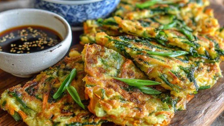 Korean scallion pancakes (pajeon) served with dipping sauce