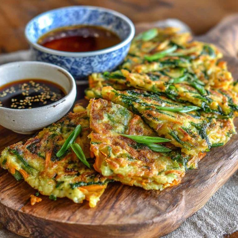 Korean scallion pancakes (pajeon) served with dipping sauce