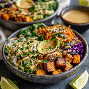 Colorful Thai peanut sweet potato Buddha bowl with roasted sweet potatoes, quinoa, fresh vegetables, and creamy peanut sauce.