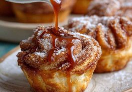 Churro Cruffins with golden, flaky layers coated in cinnamon sugar and drizzled with caramel sauce, served on a plate.