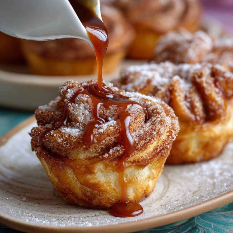 Churro Cruffins with golden, flaky layers coated in cinnamon sugar and drizzled with caramel sauce, served on a plate.