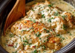 A bowl of tender shredded chicken cooked in a creamy ranch sauce, served over rice with fresh parsley garnish.